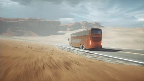 Touristic bus very fast driving on desert highway. Tourism, travel concept. 库存影片 301414922