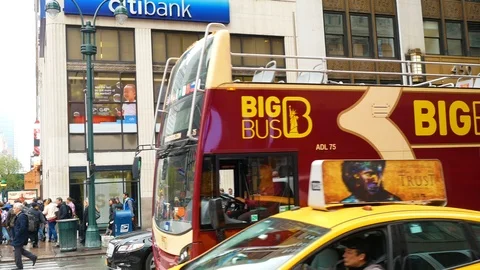 Touristic double deck bus in manhattan midtown new york Stock Footage 97651938