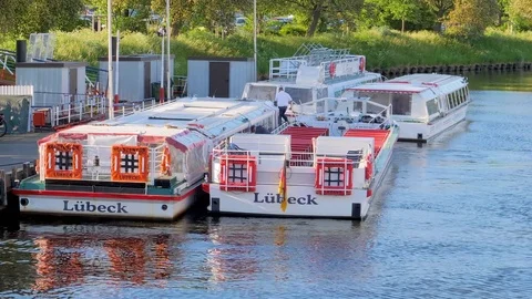 Touristic empty ferry cruise passenger boat on river Stock Footage 77316092