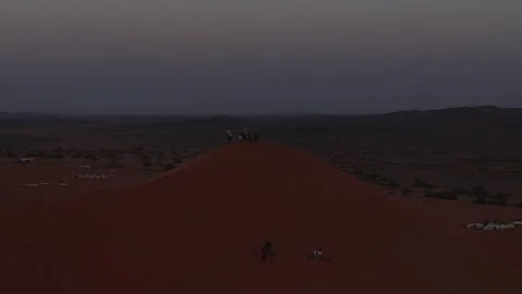 Tourists and camel trekking groups on a dune ridge at dusk in Erg Chebbi Video stock 337601481
