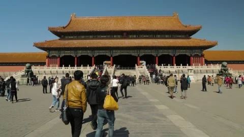 Tourists Approaching Main Palace Building at Forbidden City in Beijing, China Stock Footage 345817728