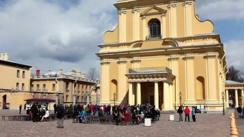 Tourists are near Cathedral of Saints of First-Ever Apostles, St. Petersburg Stock Footage