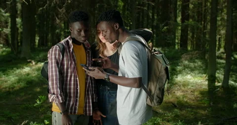 Tourists are using smartphone while trekking at the forest, hiking in forest, 4k Video stock 171772863