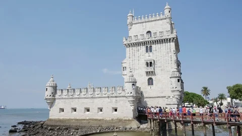 Tourists are waiting in queue at bridge to entry Belem Tower. Lisbon, Portugal Stock-Footage 89378557