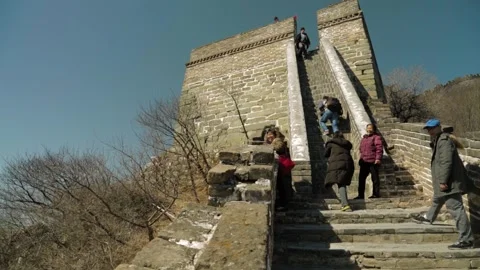 Tourists Ascend Steep Steps at Watchtower on Great Wall Mutianyu, Beijing, China Stock Footage 345827231