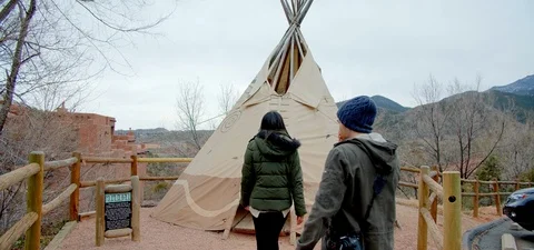 Tourists At Authentic Native American Tipi, Manitou Cliffs, Colorado. Stock Footage 109490359