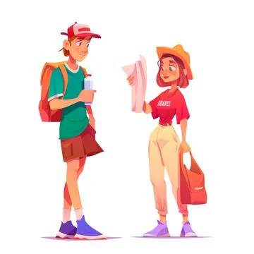 Tourists backpackers learning map searching way Stock Illustration