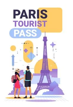 Tourists with backpacks looking at Eiffel Tower abstract geometric background Illustrazione stock