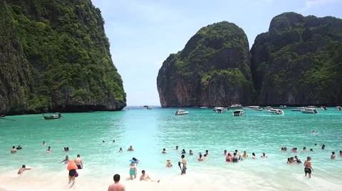 Tourists Bathing in Maya Bay, Koh Phi Phi Island, Thailand Stock Footage 42727345