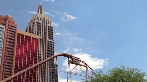 Tourists on the The Big Apple Roller Coaster at New York Hotel in Las Stock Footage 280638585