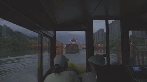 Tourists on Boat Cabin Deck Viewing River Night Scenery Ji'an Stock-Footage 343550955
