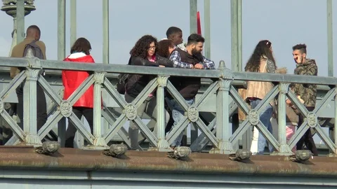 Tourists On The Budapest Chain Bridge Stock Footage 99194983