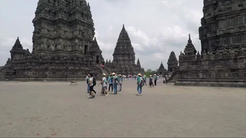 Tourists on the central platform with Trimurti temples, Prambanan, Indonesia Video stock 150488468
