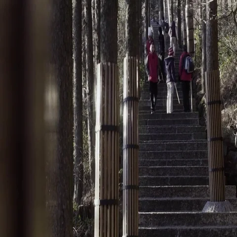 Tourists climbing down of mountain steps Stock Footage 69399028