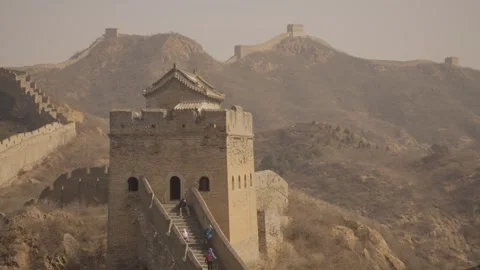 Tourists Climbing Watchtower Steps on the Great Wall at Jinshanling, Hebei Stock Footage 345677860