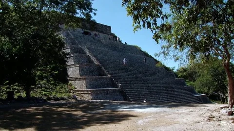 Tourists coming down steps of Great pyramid at Uxmal, Yucatan, Mexico Stock Footage 76422544