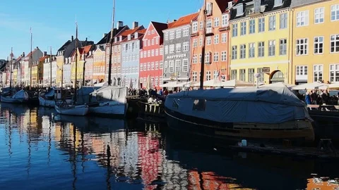Tourists in Copenhagen Nyhavn district Stock Footage