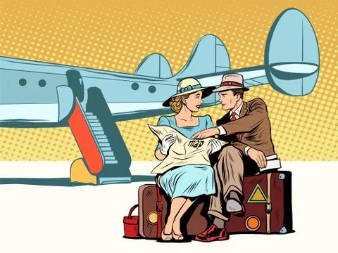 Tourists couple looking at the map, after landing Ilustração Stock