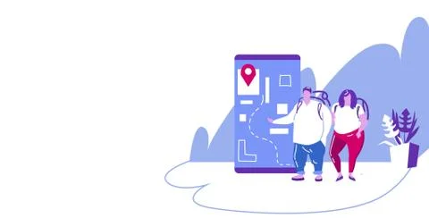 Tourists couple using mobile navigation app with location marker walking road on Illustrazione stock