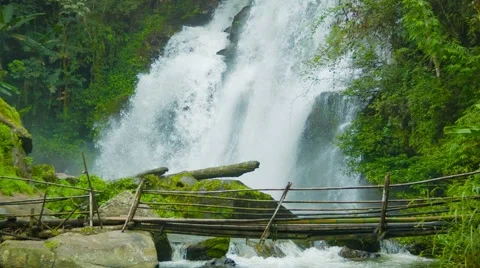 Tourists cross the river on a background of a waterfall. doi inthanon nationa Video stock 40780002