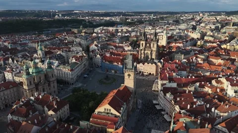 Tourists crowd Old Town Square in Prague to view Astronomical Clock Stock Footage 345011515