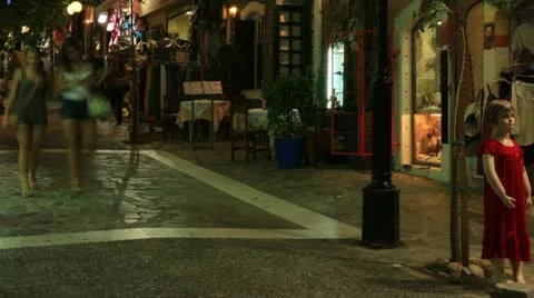 Tourists crowded main shopping street, Agios Nikolaos, Crete Stock Footage