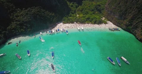 Tourists on Crowded Maya Beach, Phi Phi Leh, Thailand, Aerial Drone Shot Stock Footage 73584591