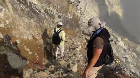 Tourists descend into the Ijen volcano crater,Java Stock Footage 61414643