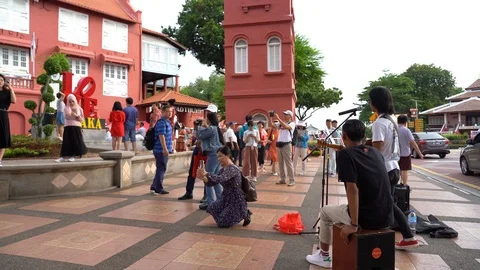 Tourists from different countries on the Dutch square in Malacca Stock Footage 111635422