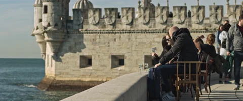 Tourists drinking wine in Lisbon Stock Footage 152857232