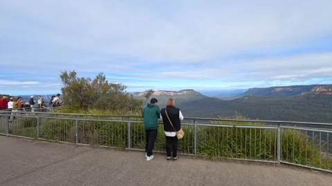 Tourists at Echo Point Lookout in Blue Mountains National Park Stock Footage 341928460