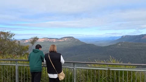 Tourists at Echo Point Lookout in Blue Mountains National Park Stock Footage 341929086