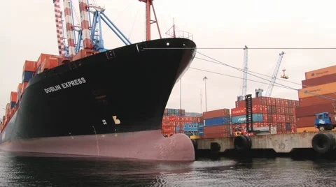Tourists enjoy the view to the huge container ship from the sightseeing boat. Stock Footage 48924913