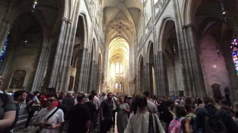 Tourists enjoy view inside of St. Vitus Cathedral, Prague, Czech Republic Stock Footage 245264239