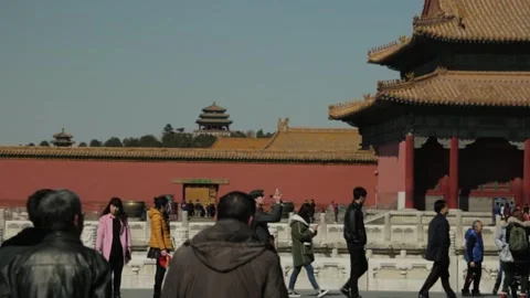 Tourists Exploring Courtyard and Ancient Architecture at Forbidden City, Beijing Stock Footage 345819472
