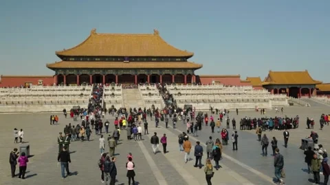 Tourists Exploring Courtyard and Main Palace Building at Forbidden City Stock Footage 345818012