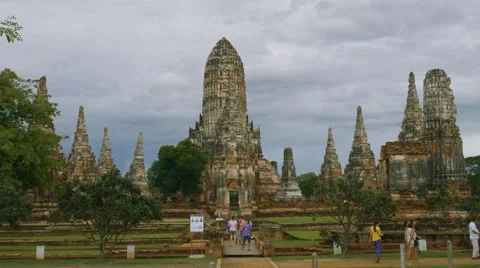 Tourists exploring Old Temple wat Chaiwatthanaram of Ayutthaya Province Stock Footage 63503307