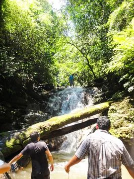 Tourists exploring waterfall in lush peruvian rainforest Stock Photos