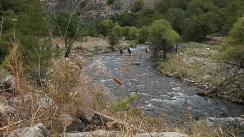 Tourists ford a mountain river. Stock-Footage 160070540