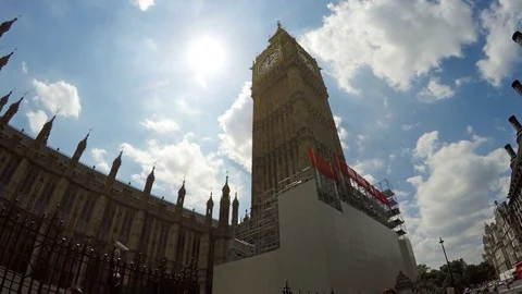 Tourists in front of Big Ben Tower on a sunny summer day in London, England Stock Footage 79928550