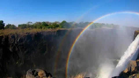 Tourists gather at Devil's Pool, the edge of Victoria Falls, Zambia for a Stock Footage 113200713