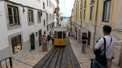 Tourists Getting Off Funicular Tramway On Top Of Slope In Lisbon , Portugal Stockbeeldmateriaal 313617907