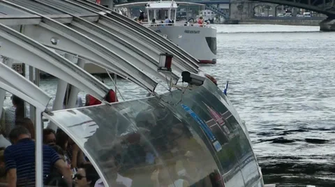Tourists getting ready for a boat crusing tour on River Seine, Paris, France Stock Footage 35547193