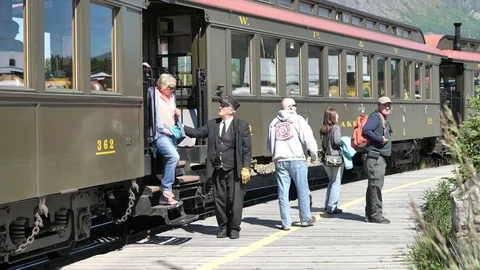Tourists Getting Off White Pass Yukon Railway Train From Skagway Alaska Stock Footage 80742888