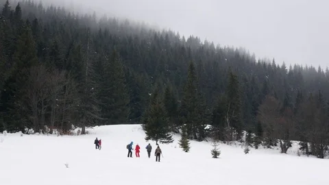 Tourists go to the mountains in winter. Stock Footage 73182155