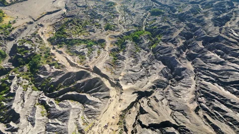 Tourists Hike Around Lava Flow Formations Bromo Volcano Java Indonesia Drone Stock Footage 340183643