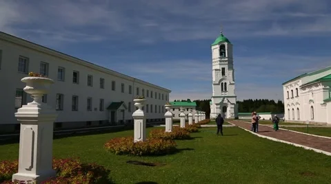 Tourists in Holy Trinity Alexander Svirsky male Monastery in Russia Stock Footage