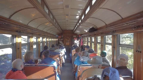 Tourists inside the historic steam engine train in Colorado Stock Footage 104557805