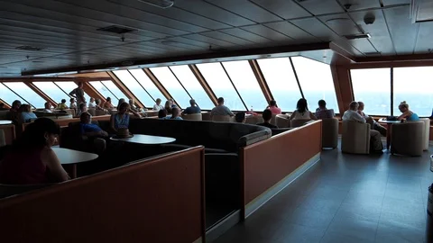 Tourists inside Volcan de Taburiente ferry in Atlantic ocean, Canary islands Video stock 119880358