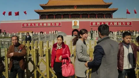 Tourists Interacting in Front of Historic Gate at Tiananmen Square, Beijing Stock Footage 345688359